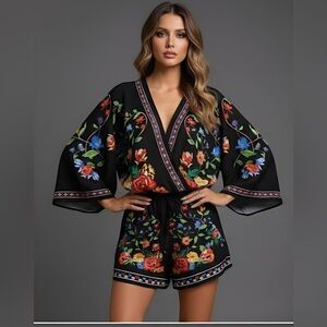 Boho Floral Print Batwing Sleeve Top & Short Set